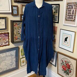 Ichi Antiquites Navy Blue Linen Button Front Shirt Dress with Pockets Size M